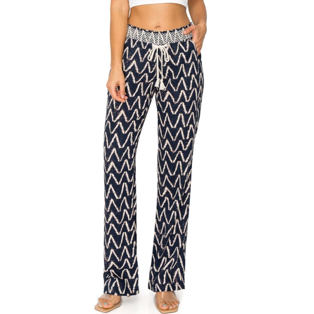CALI1850 Contrast Smocked Waist Linen Pants Sz S